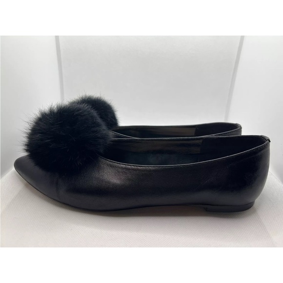 Gabriella Women’s Leather Black Fur Ball Fluffy Toe Pom Pom Bow Shoes Flats - Picture 4 of 10